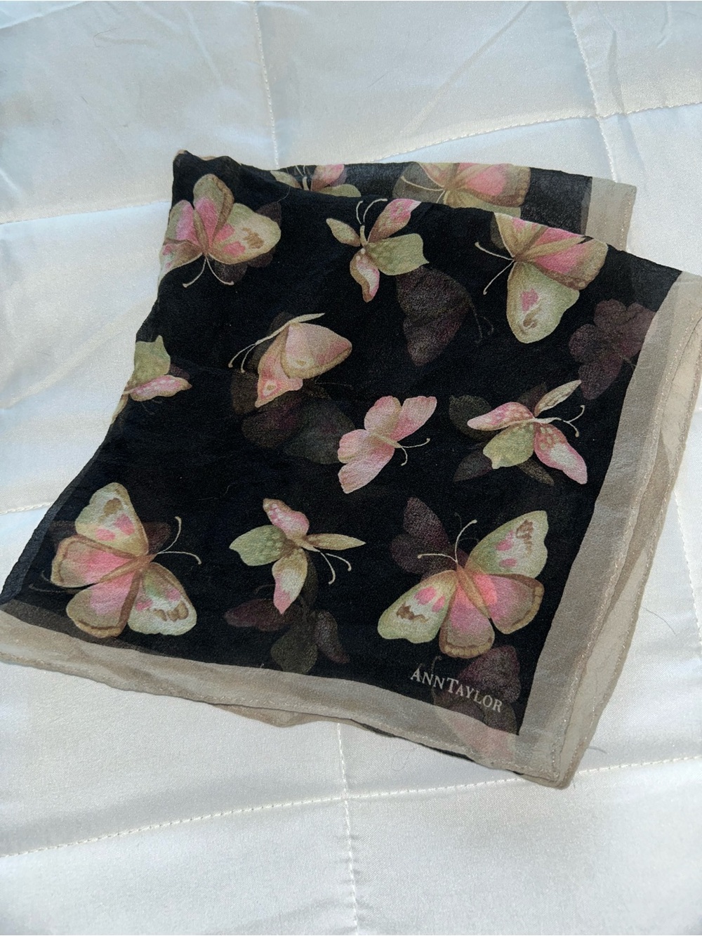 Ann Taylor Black Silk Scarf with Pink & Green Butterflies - Picture 2 of 4